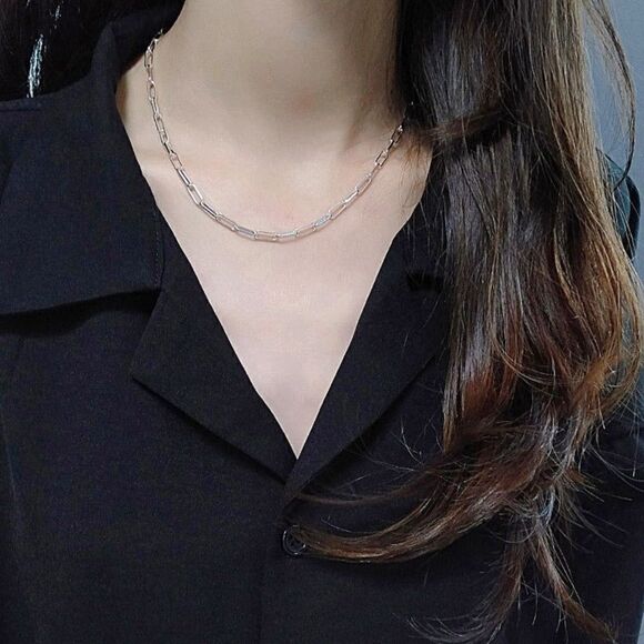 Silver Paperclip Chain Link Choker Necklace 925 Stamped - Picture 6 of 7